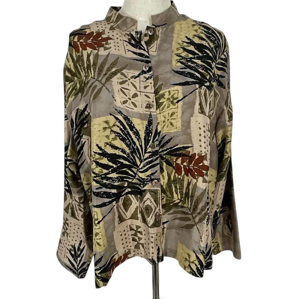 Chicos Design 100% Silk Tropical Leaf Print Button Up Shirt Women Sz 3 Jacket
